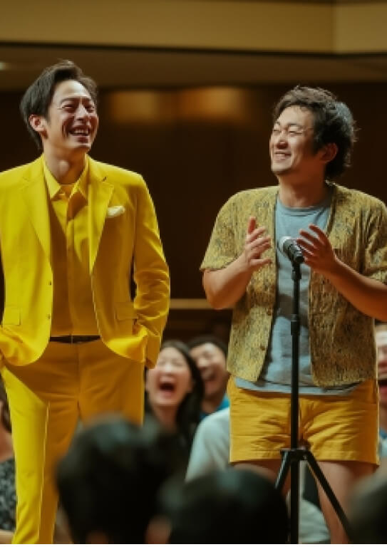 観客を爆笑させる明るい服を着た漫才師